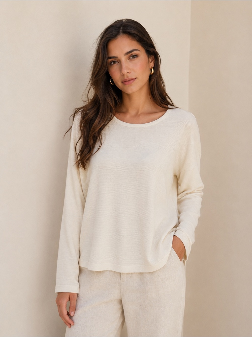 Eileen Fisher Cream Scoop-Neck Lightweight Knit Sweater organic cotton